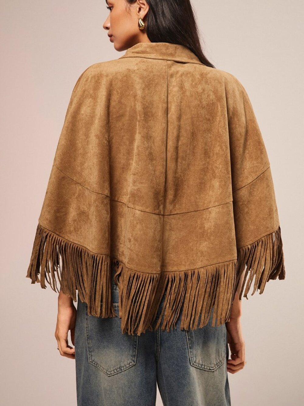 tan Casual Women's Fringe detail Collar cape poncho Top - Picture 2 of 9
